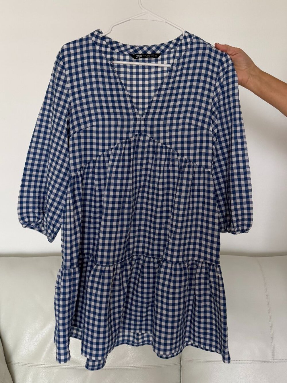 ZARA: Blue and White Gingham Dress with Balloon Sleeves